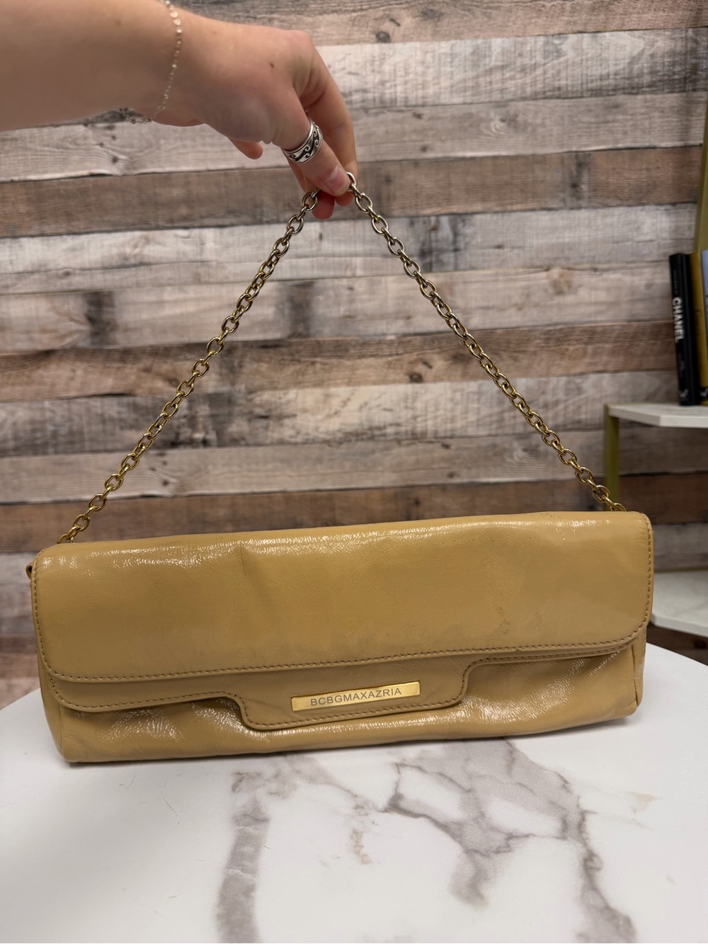BCBG patent leather clutch OS